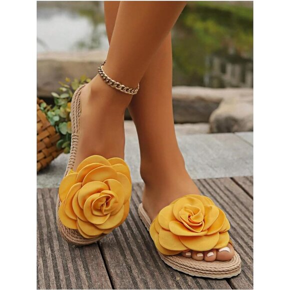 Women's Yellow Floral Straw Slip On Slide Beach Vacation Flat Sandals Shoes - Picture 4 of 5